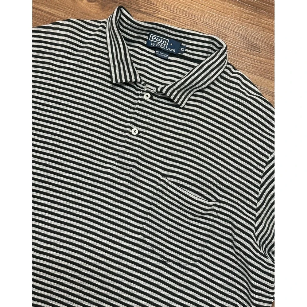 Vintage Polo Ralph Lauren Mens Black Grey Striped Textured Polo Shirt Sz XL